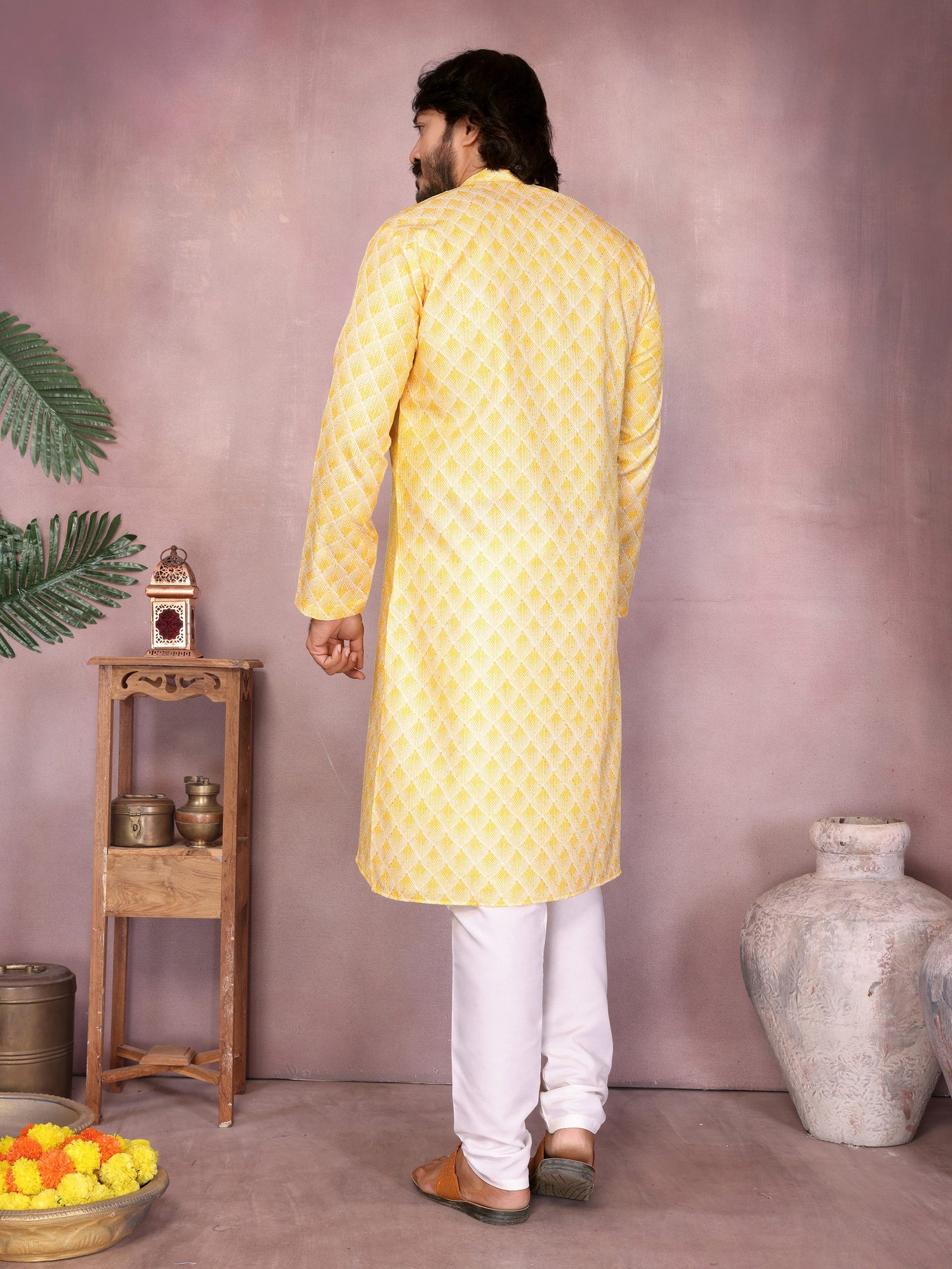Yellow Pure Heavy Cotton Sequence Work and Print Kurta Pajama 