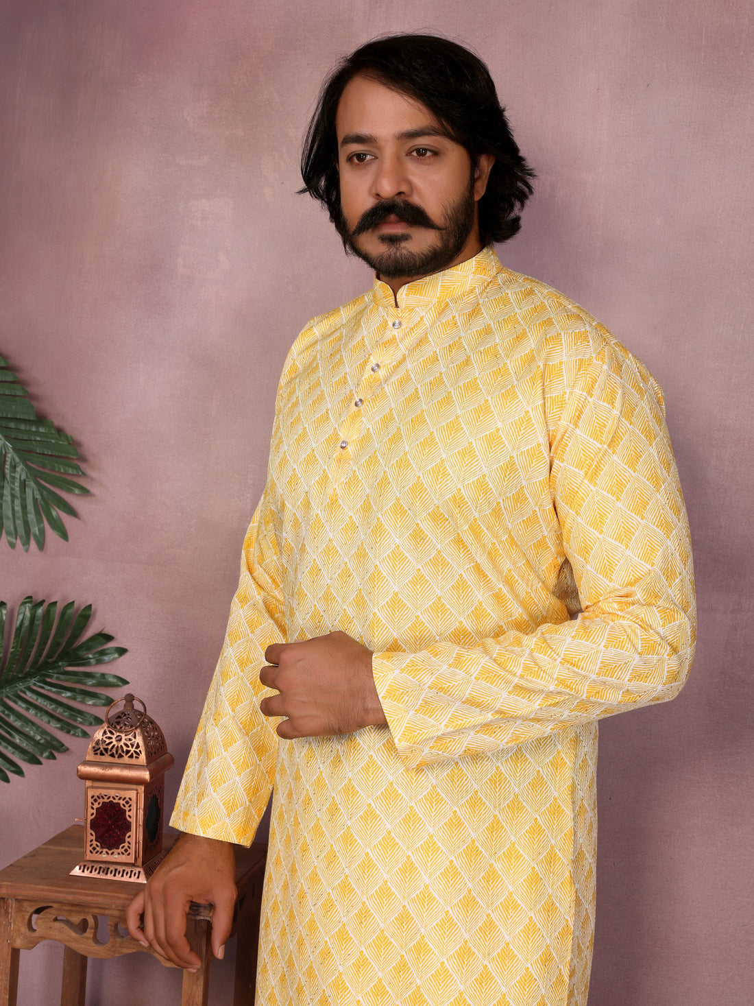 Yellow Pure Heavy Cotton Sequence Work and Print Kurta Pajama 