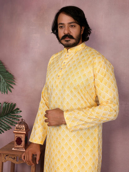Yellow Pure Heavy Cotton Sequence Work and Print Kurta Pajama 