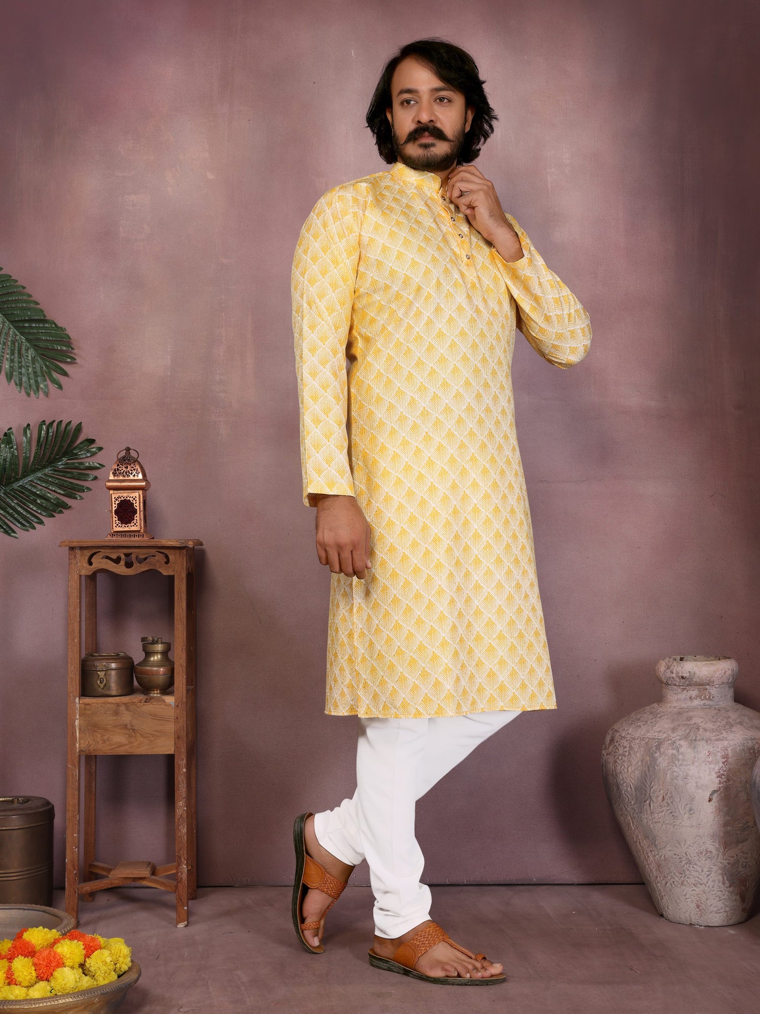 Yellow Pure Heavy Cotton Sequence Work and Print Kurta Pajama 