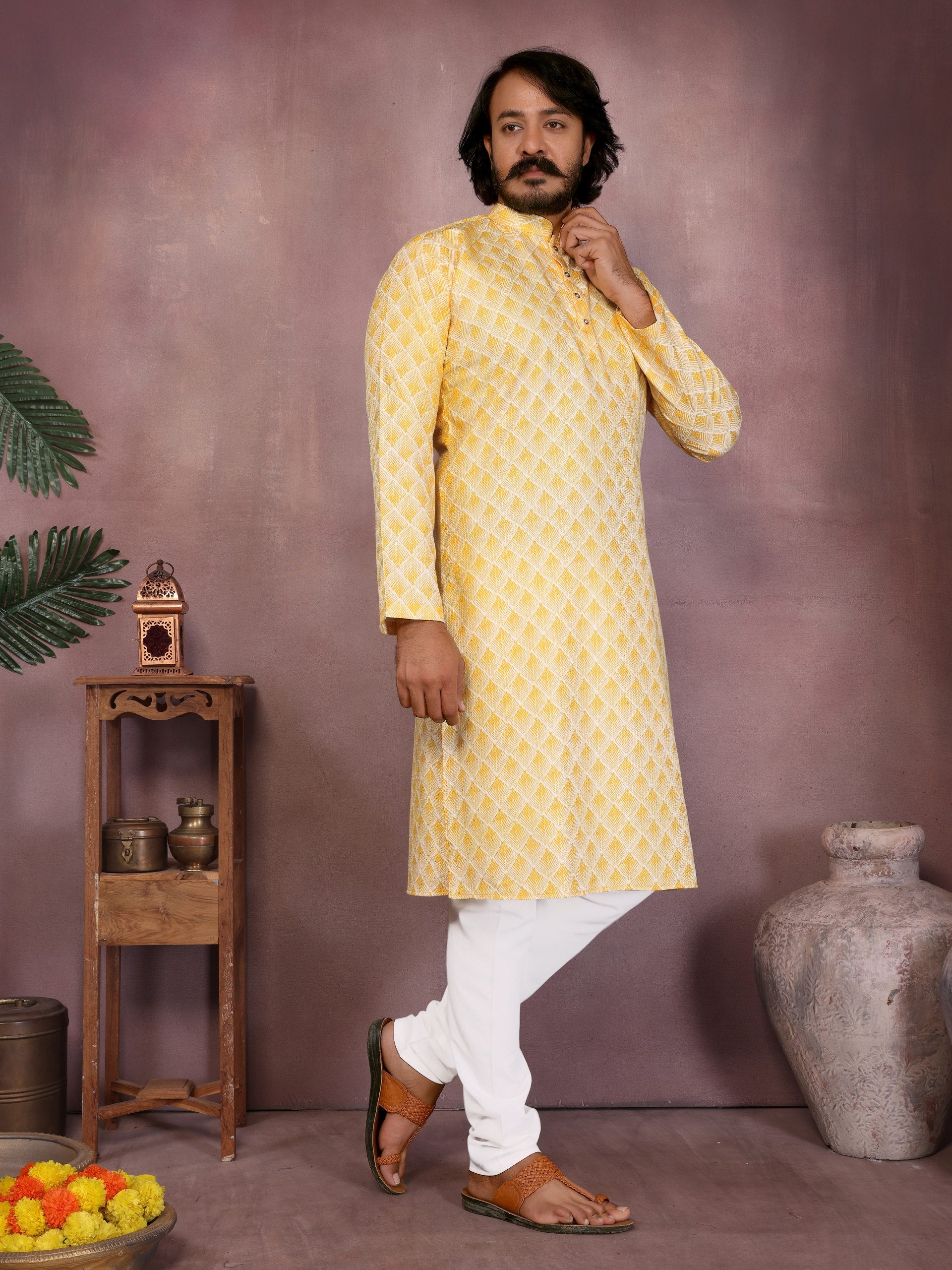 Yellow Pure Heavy Cotton Sequence Work and Print Kurta Pajama 