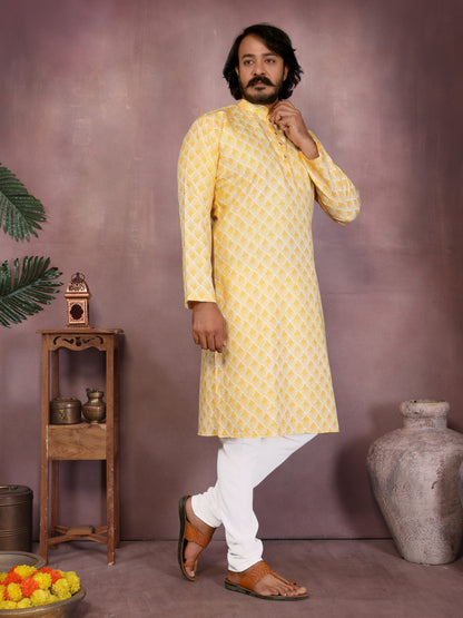 Yellow Pure Heavy Cotton Sequence Work and Print Kurta Pajama 