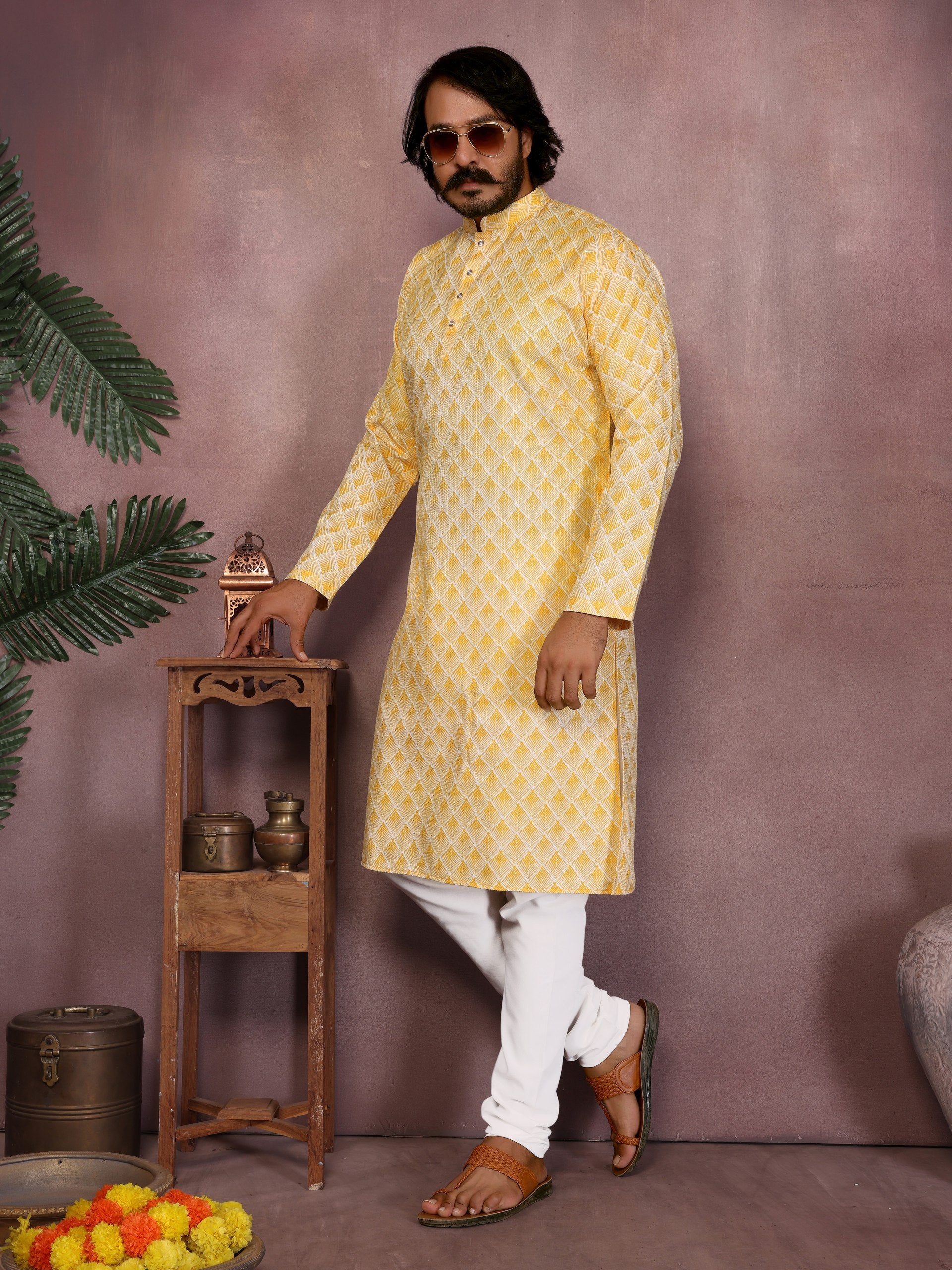 Yellow Pure Heavy Cotton Sequence Work and Print Kurta Pajama 