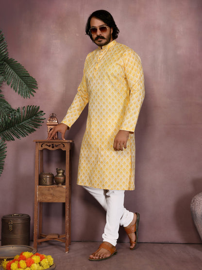Yellow Pure Heavy Cotton Sequence Work and Print Kurta Pajama 