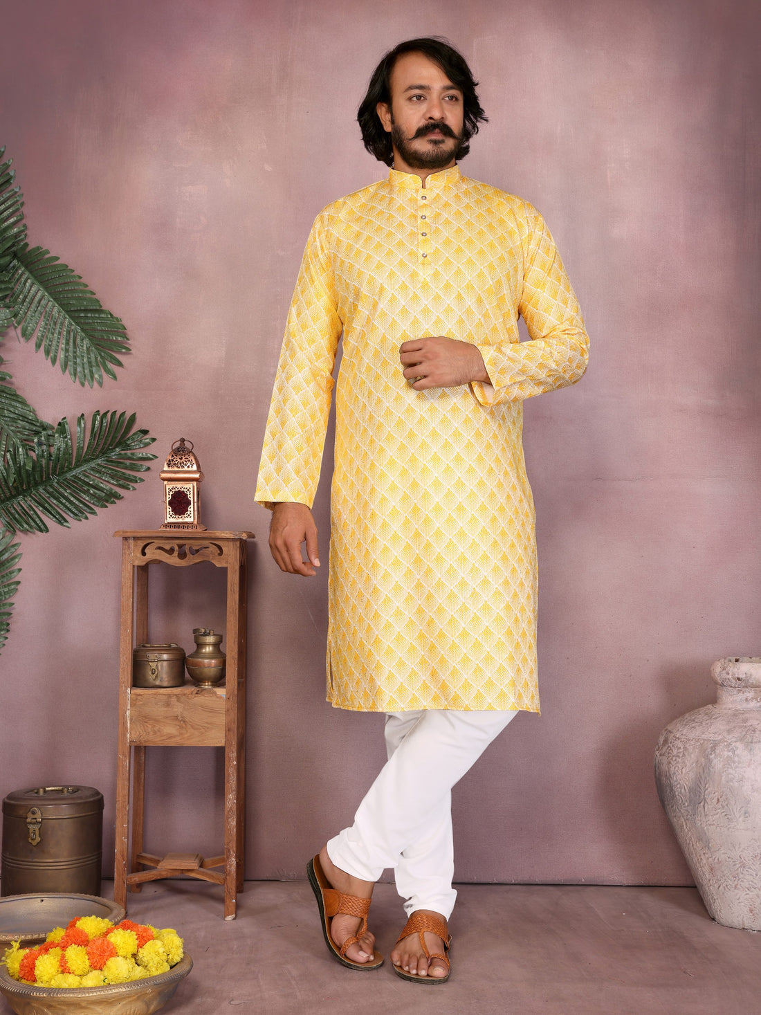 Yellow Pure Heavy Cotton Sequence Work and Print Kurta Pajama 