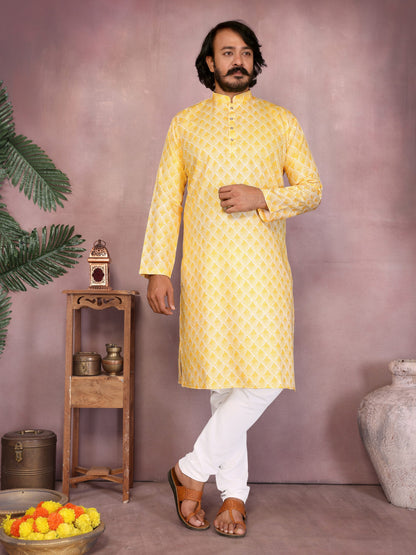 Yellow Pure Heavy Cotton Sequence Work and Print Kurta Pajama 