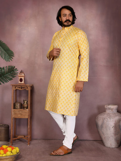 Yellow Pure Heavy Cotton Sequence Work and Print Kurta Pajama 