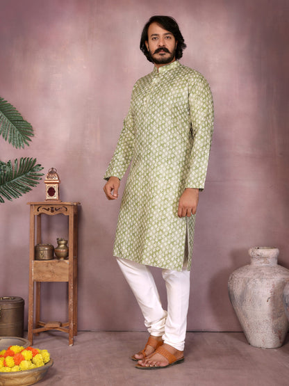 Green Pure Heavy Cotton Sequence Work and Print Kurta Pajama 