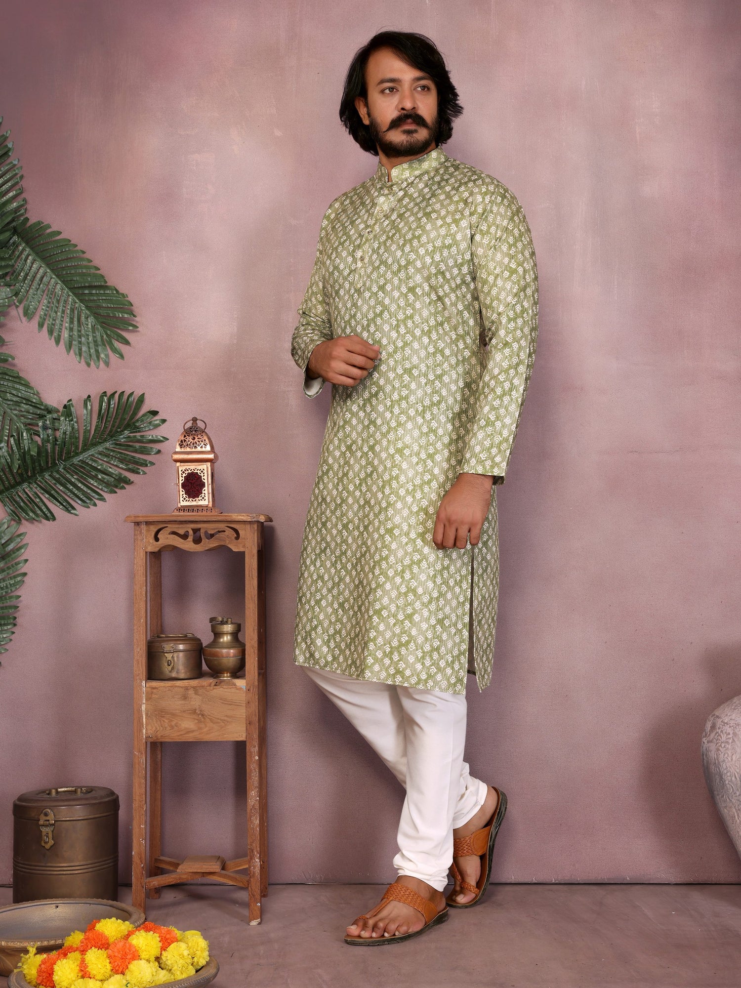 Green Pure Heavy Cotton Sequence Work and Print Kurta Pajama 