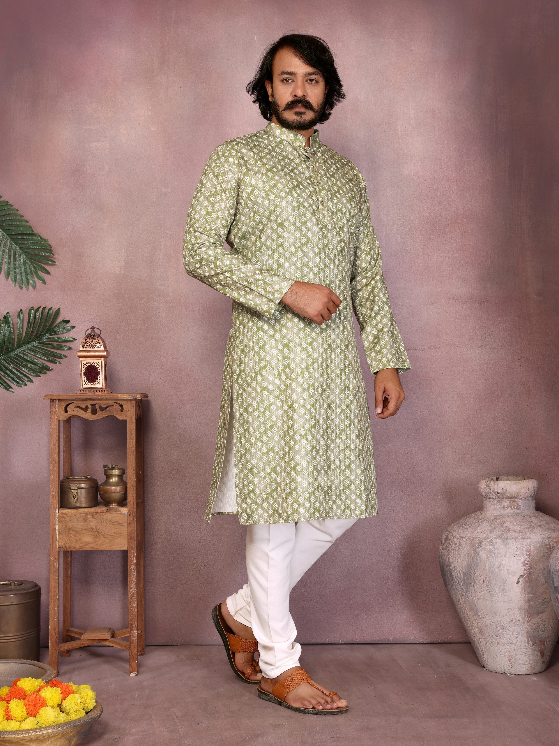 Green Pure Heavy Cotton Sequence Work and Print Kurta Pajama 
