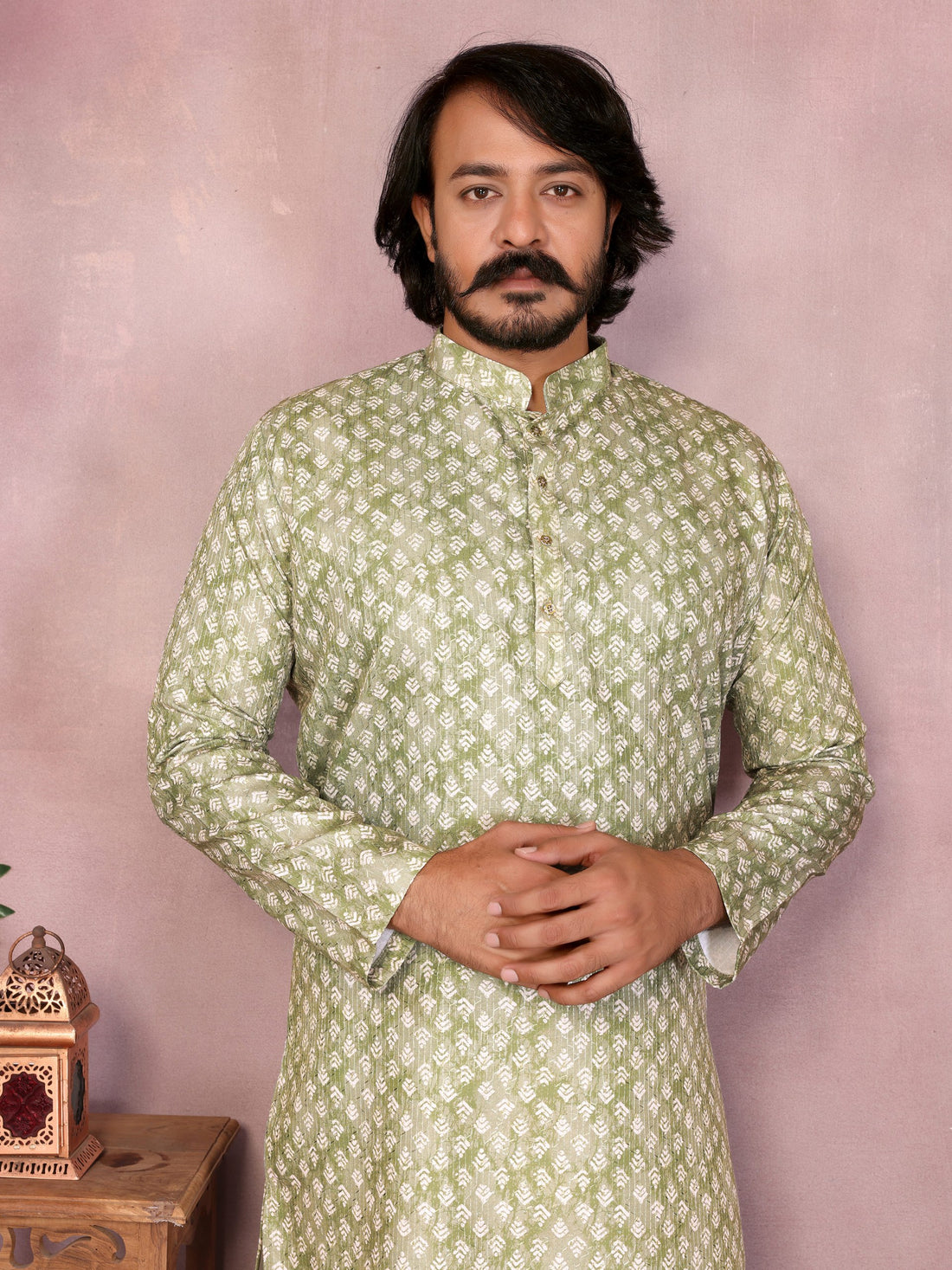 Green Pure Heavy Cotton Sequence Work and Print Kurta Pajama 