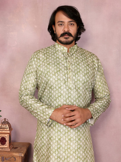 Green Pure Heavy Cotton Sequence Work and Print Kurta Pajama 