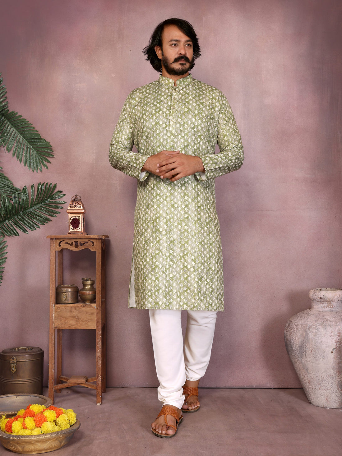 Green Pure Heavy Cotton Sequence Work and Print Kurta Pajama 