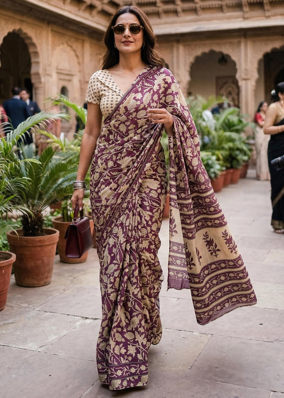 Purple Pure Soft MalMal Cotton Hand Block Print Cotton Saree 