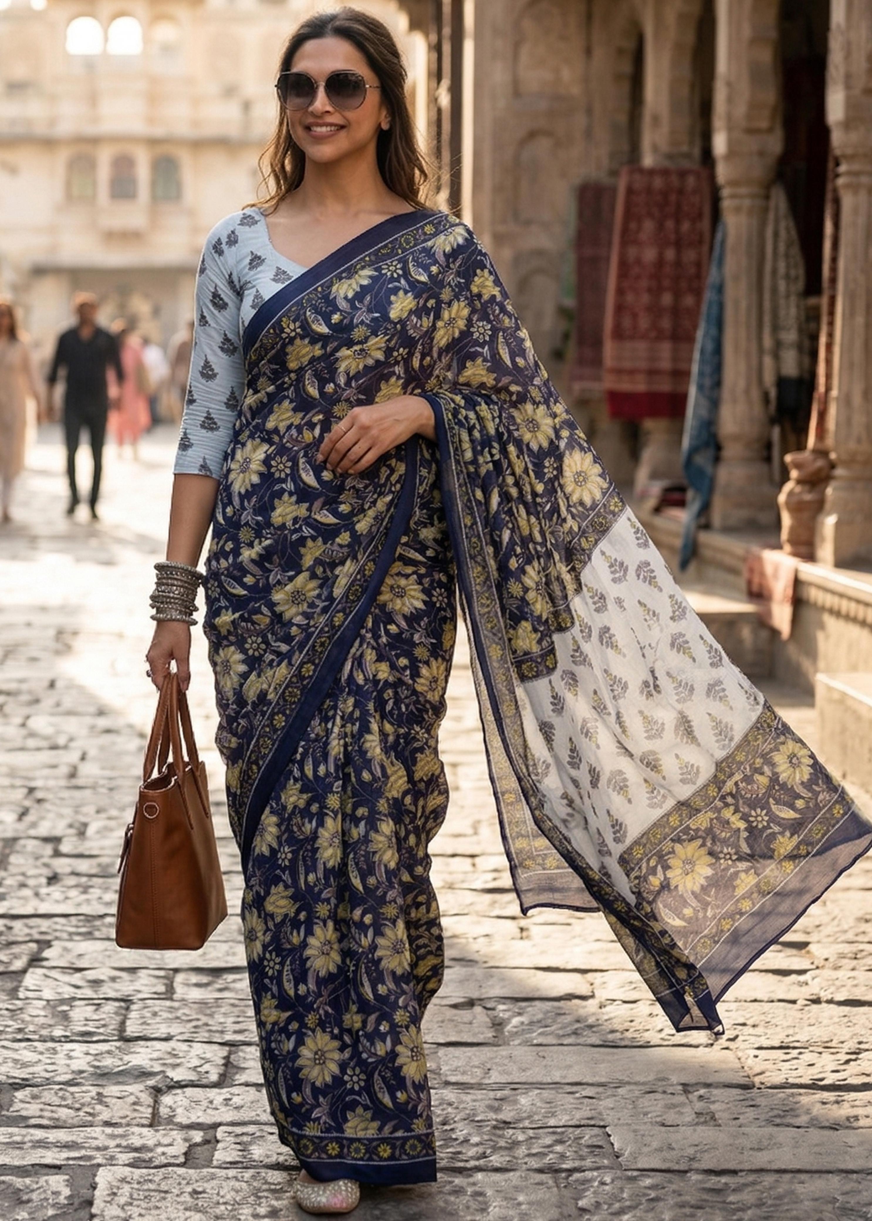 Blue Pure Soft MalMal Cotton Hand Block Print Cotton Saree 