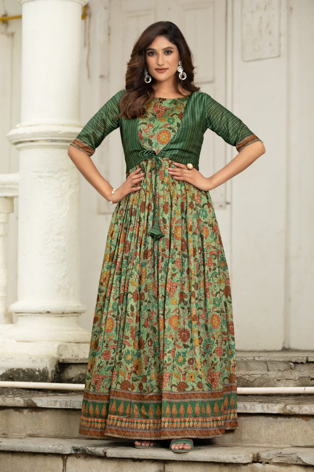 Green Pure Silk Blend Anarkali Gown 