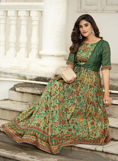 Green Pure Silk Blend Anarkali Gown 