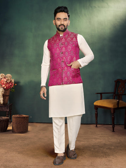 Pink Pure Jecard Weaving Silk Saree With Kurta Pajama Jacket Matching Couple Combo Set