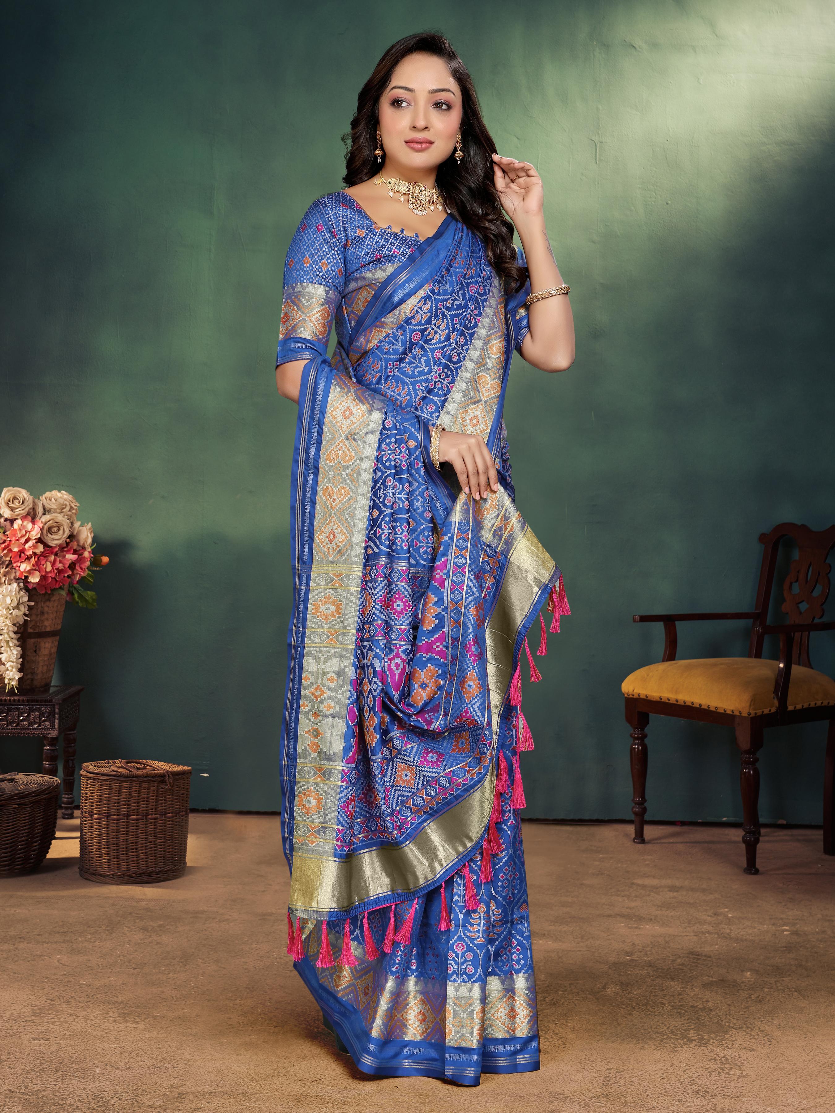 Blue Pure Jecard Weaving Silk Saree With Kurta Pajama Jacket Matching Couple Combo Set