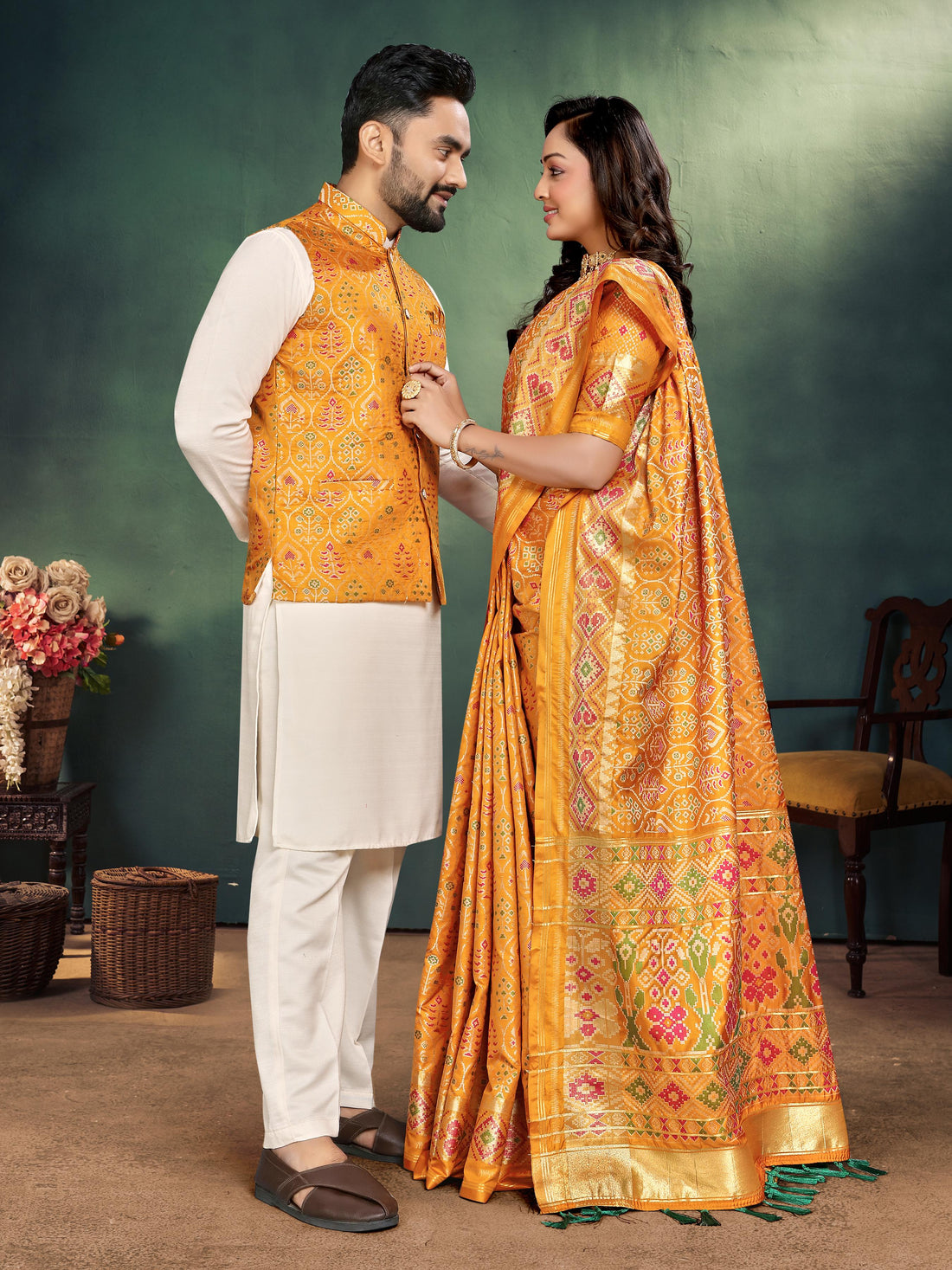 Yellow Pure Jecard Weaving Silk Saree With Kurta Pajama Jacket Matching Couple Combo Set