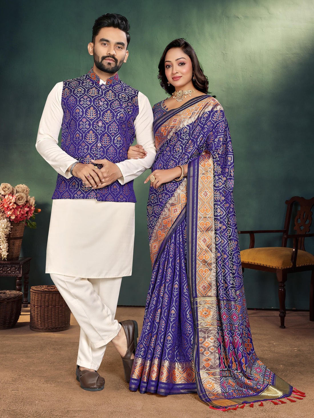 Blue Pure Jecard Weaving Silk Saree With Kurta Pajama Jacket Matching Couple Combo Set