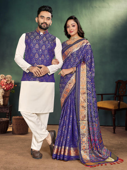 Blue Pure Jecard Weaving Silk Saree With Kurta Pajama Jacket Matching Couple Combo Set