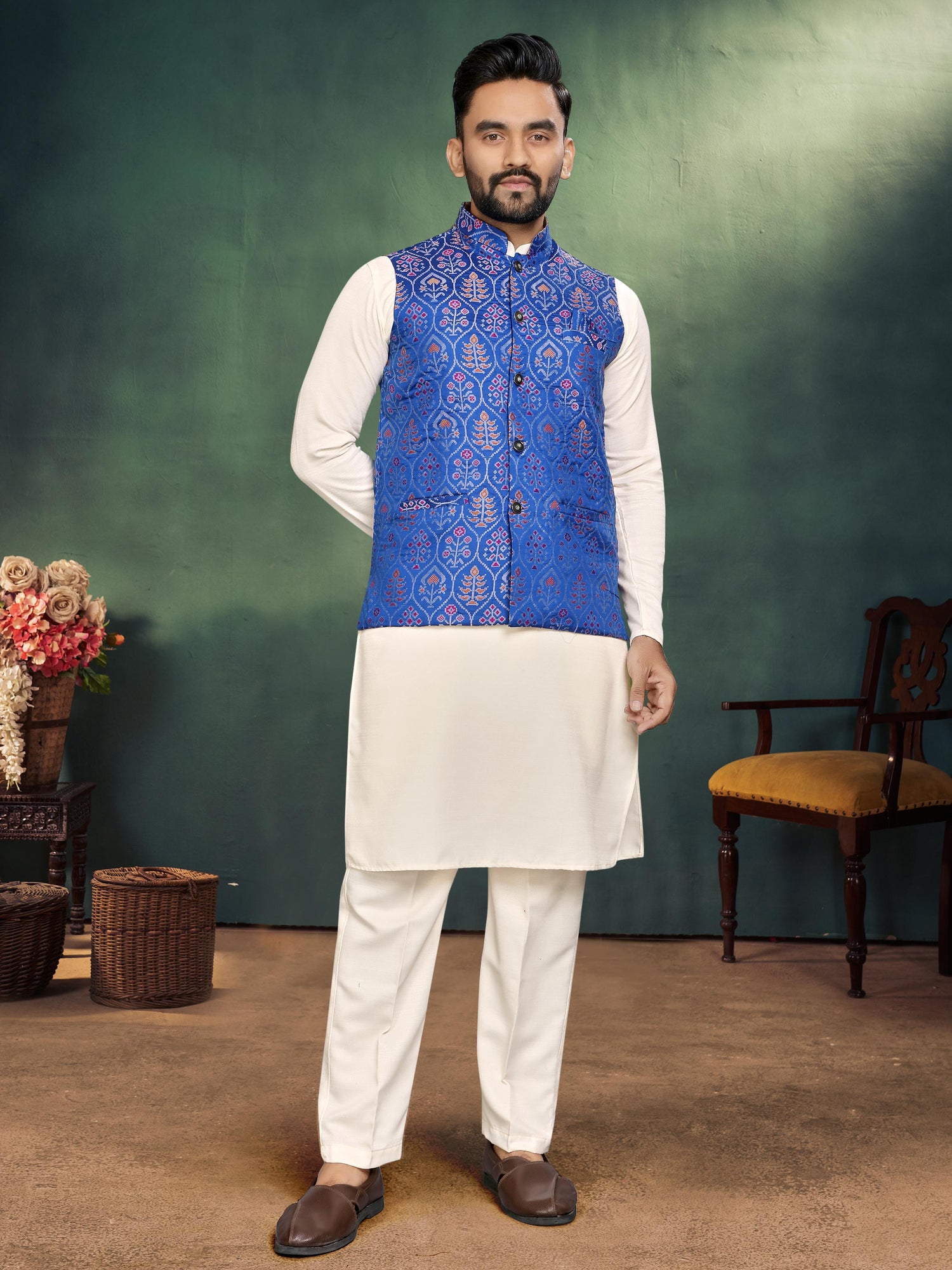 Blue Pure Jecard Weaving Silk Saree With Kurta Pajama Jacket Matching Couple Combo Set