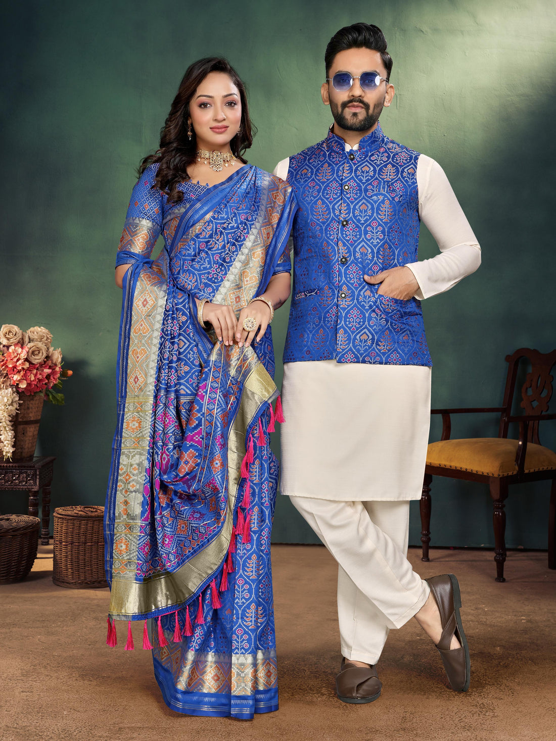 Blue Pure Jecard Weaving Silk Saree With Kurta Pajama Jacket Matching Couple Combo Set
