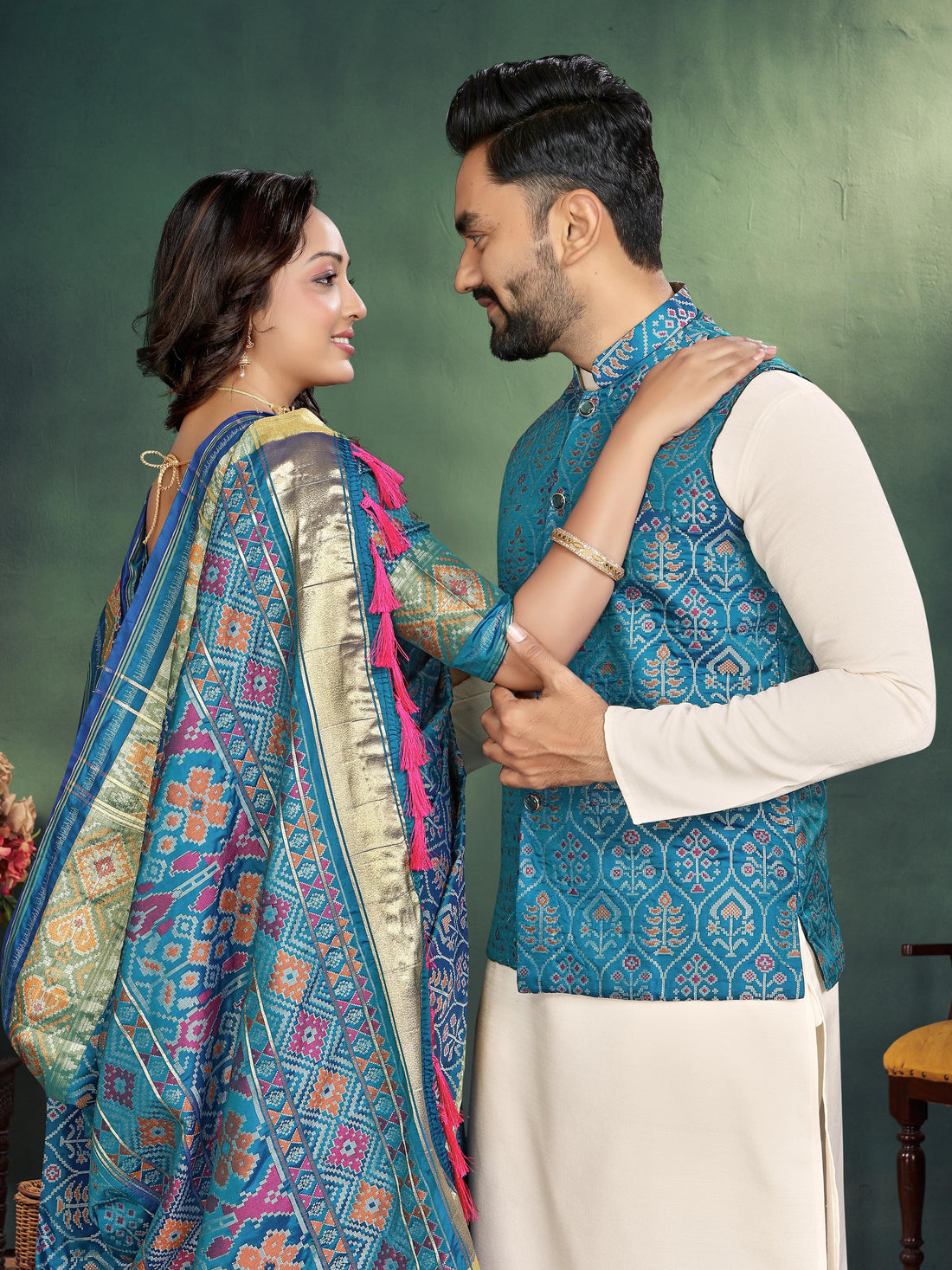Sky Pure Jecard Weaving Silk Saree With Kurta Pajama Jacket Matching Couple Combo Set