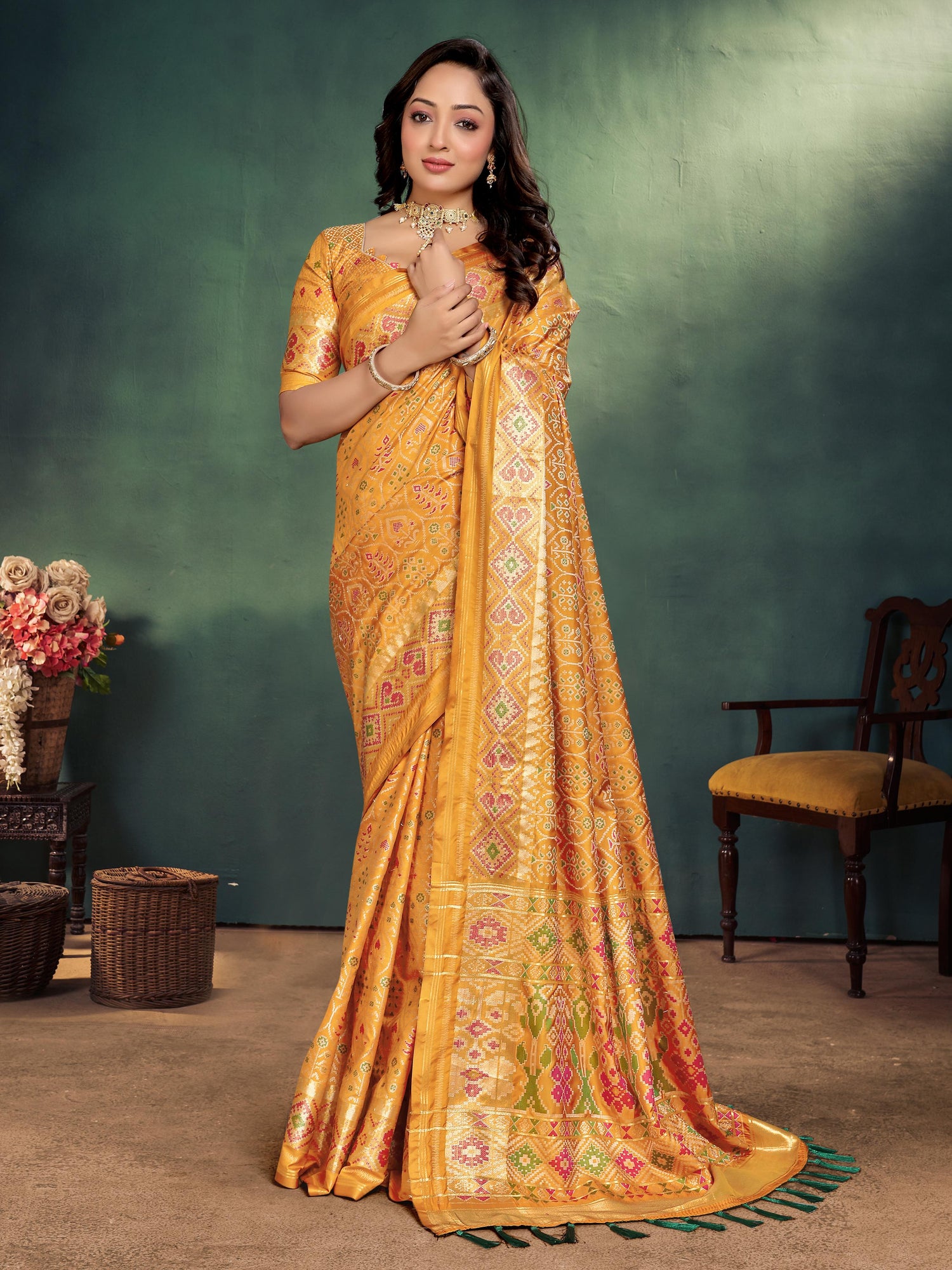 Yellow Pure Jecard Weaving Silk Saree With Kurta Pajama Jacket Matching Couple Combo Set