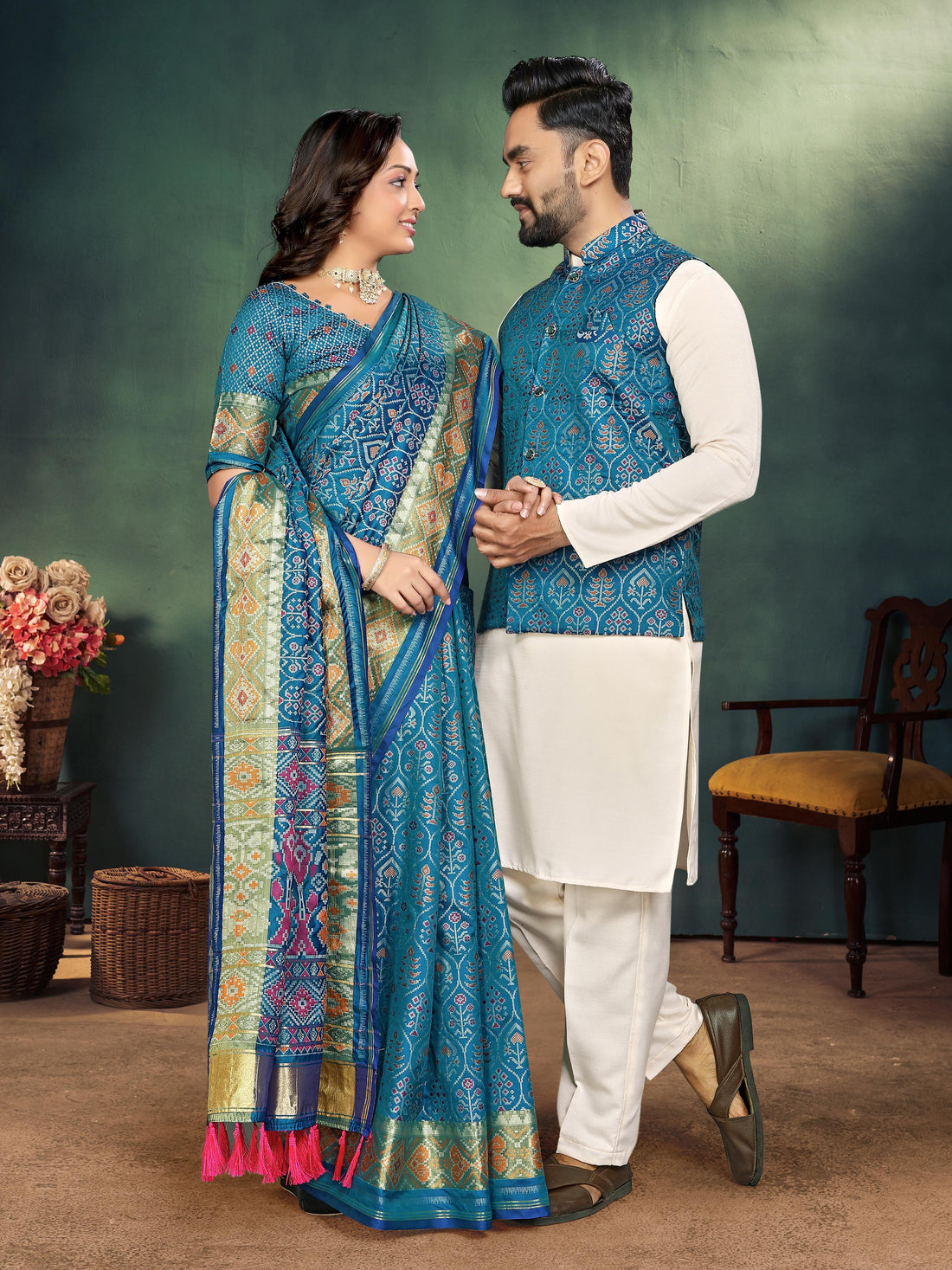 Sky Pure Jecard Weaving Silk Saree With Kurta Pajama Jacket Matching Couple Combo Set