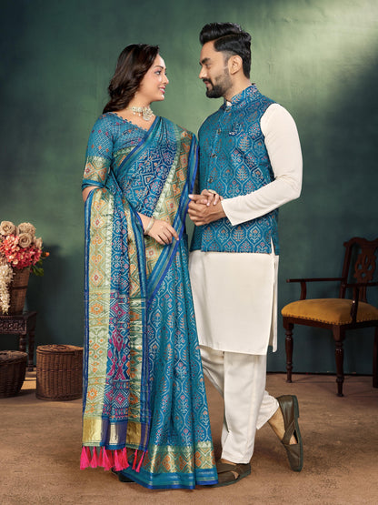 Sky Pure Jecard Weaving Silk Saree With Kurta Pajama Jacket Matching Couple Combo Set
