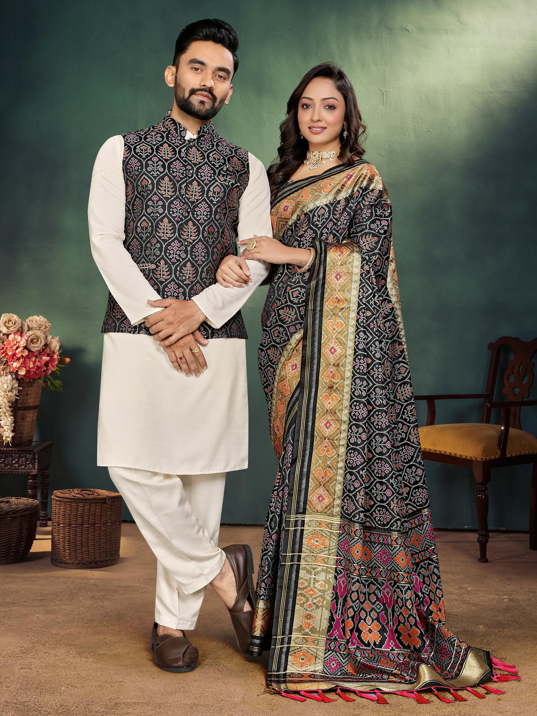 Black Pure Jecard Weaving Silk Saree With Kurta Pajama Jacket Matching Couple Combo Set