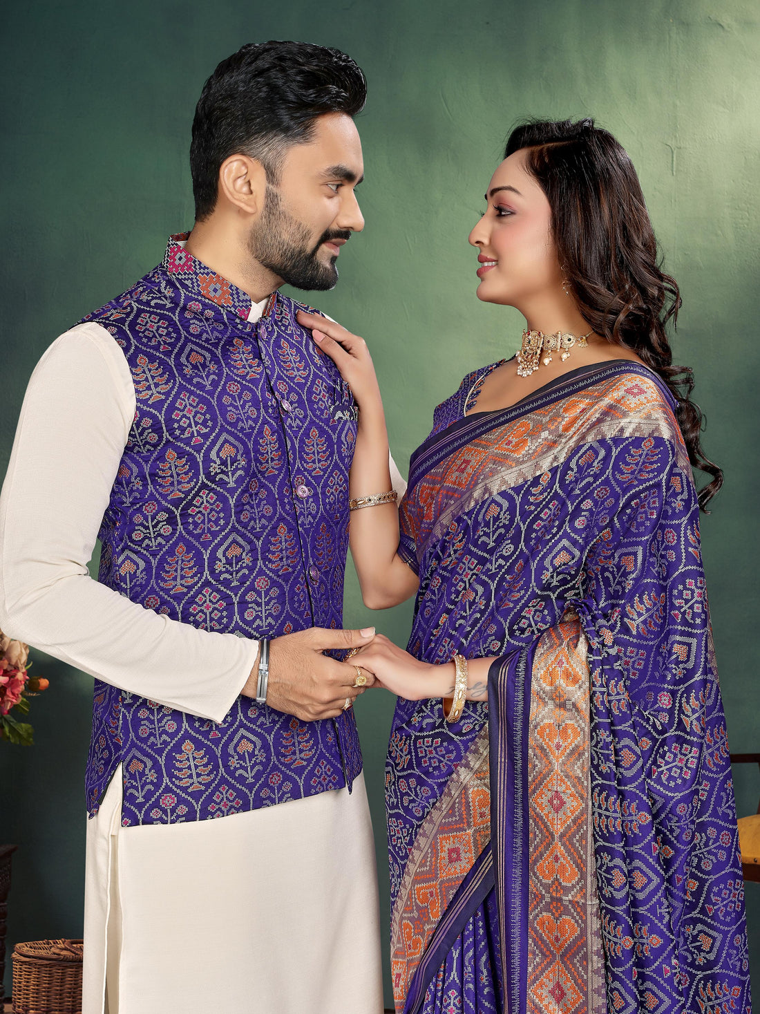 Blue Pure Jecard Weaving Silk Saree With Kurta Pajama Jacket Matching Couple Combo Set