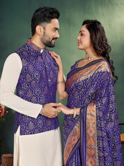 Blue Pure Jecard Weaving Silk Saree With Kurta Pajama Jacket Matching Couple Combo Set