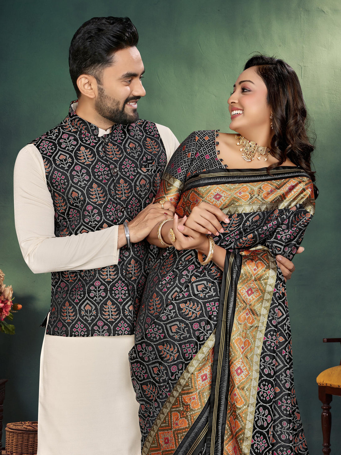 Black Pure Jecard Weaving Silk Saree With Kurta Pajama Jacket Matching Couple Combo Set