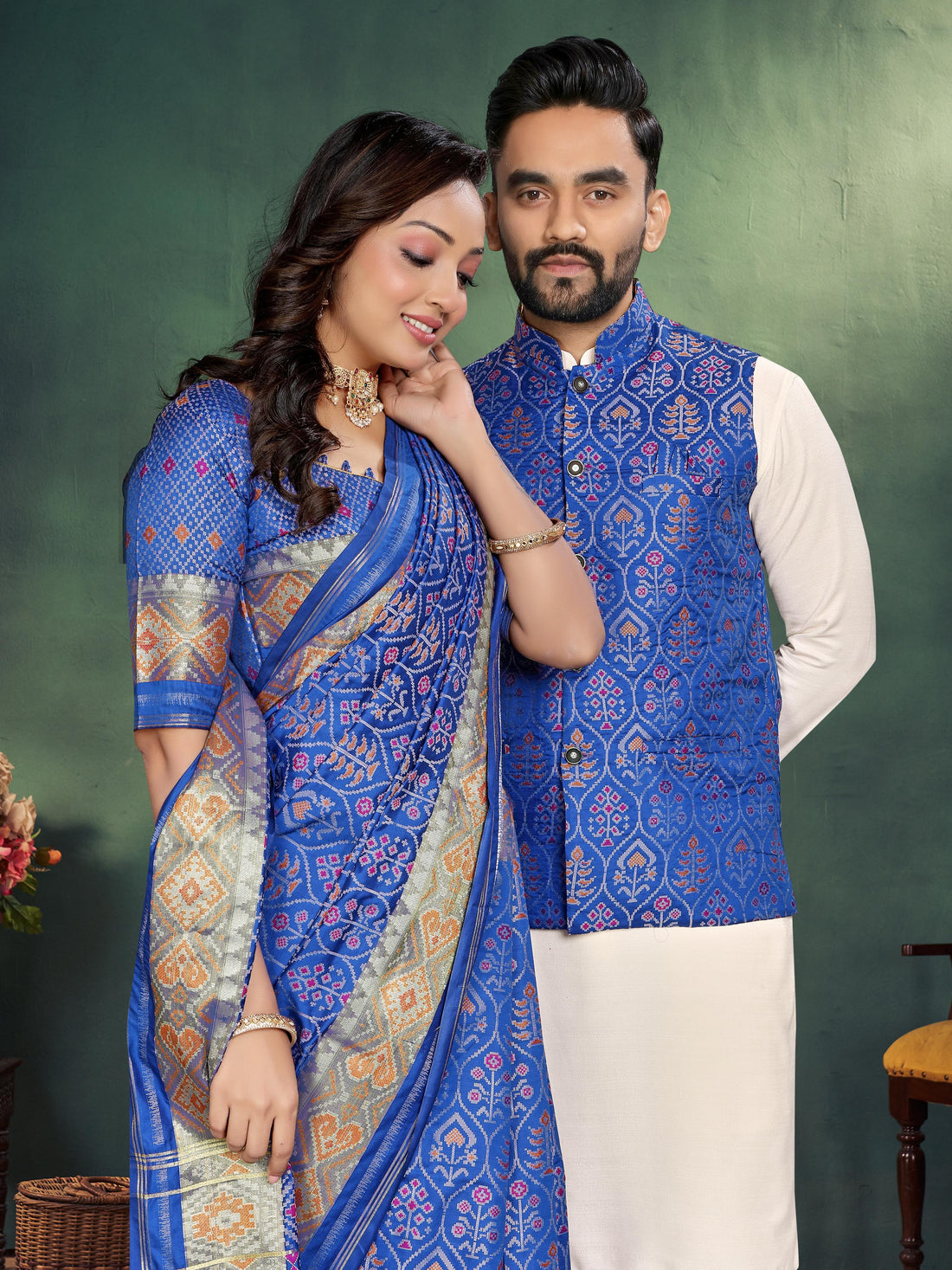 Blue Pure Jecard Weaving Silk Saree With Kurta Pajama Jacket Matching Couple Combo Set