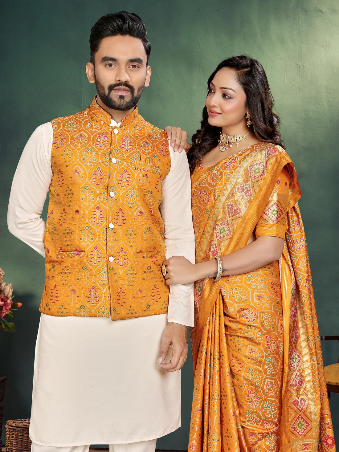 Yellow Pure Jecard Weaving Silk Saree With Kurta Pajama Jacket Matching Couple Combo Set