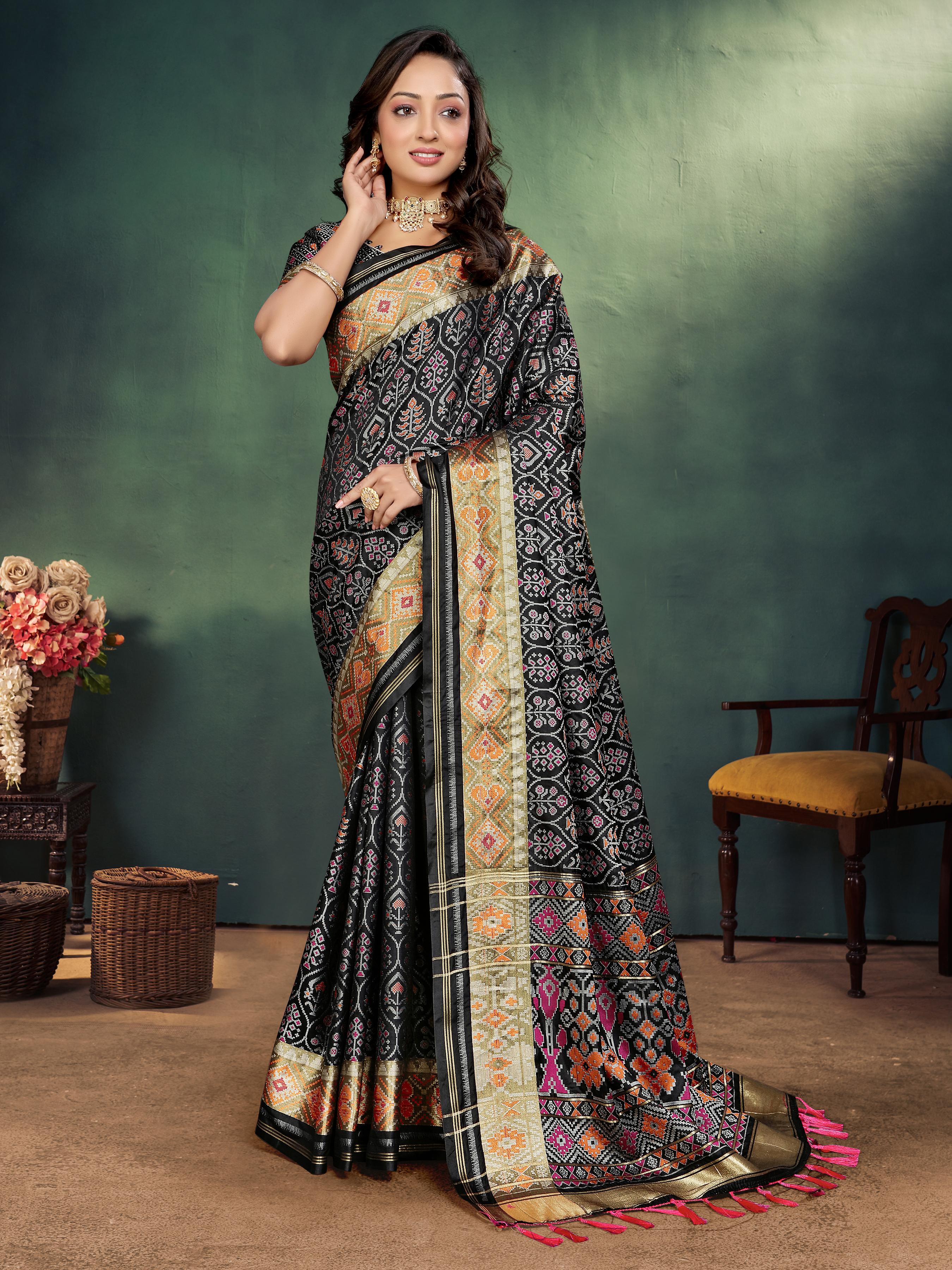 Black Pure Jecard Weaving Silk Saree With Kurta Pajama Jacket Matching Couple Combo Set