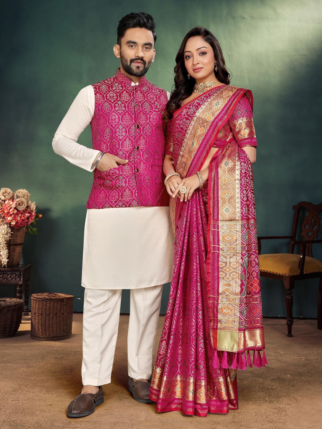 Pink Pure Jecard Weaving Silk Saree With Kurta Pajama Jacket Matching Couple Combo Set