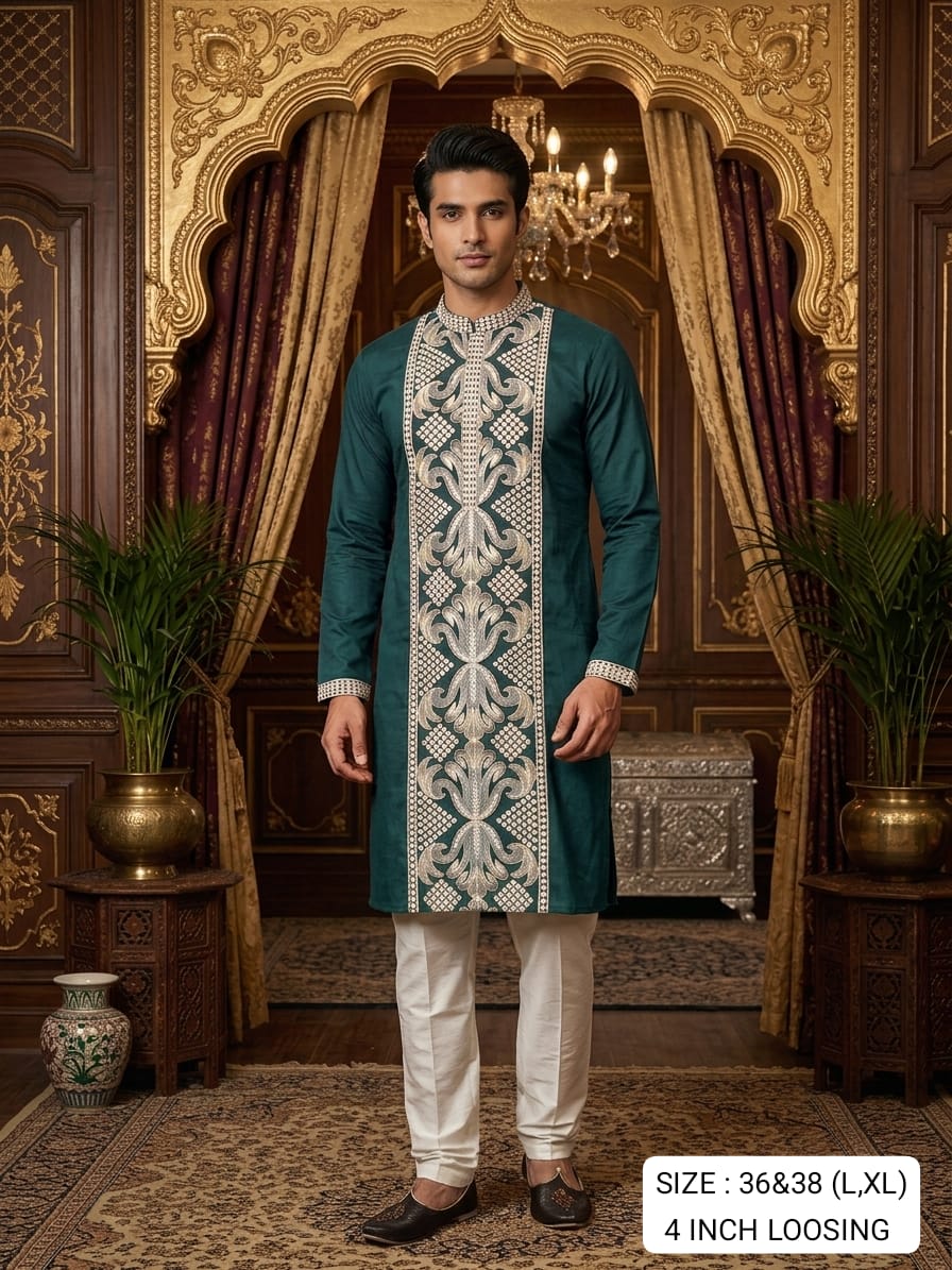 Green Pure Heavy Royal Silk Embroidery Sequins Work Kurta Pajama 