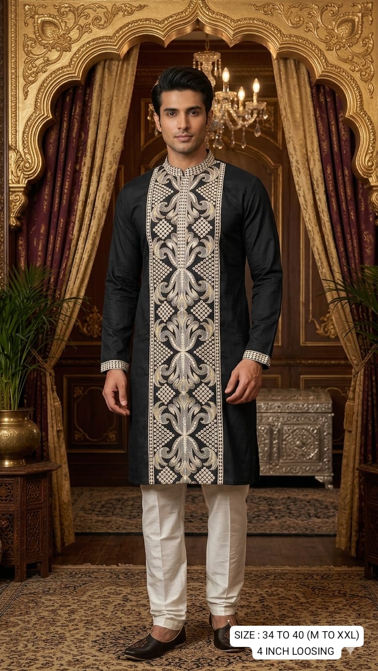 Black Pure Heavy Royal Silk Embroidery Sequins Work Kurta Pajama 