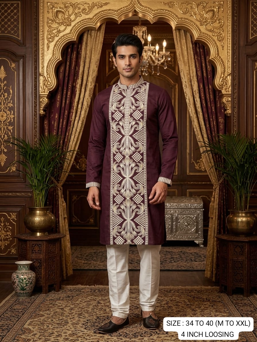 Wine Pure Heavy Royal Silk Embroidery Sequins Work Kurta Pajama 
