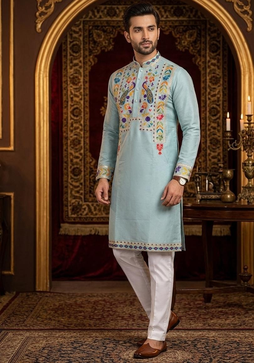 Sky Pure Heavy Royal Classic Silk Embroidery Sequins Work Kurta Pajama 
