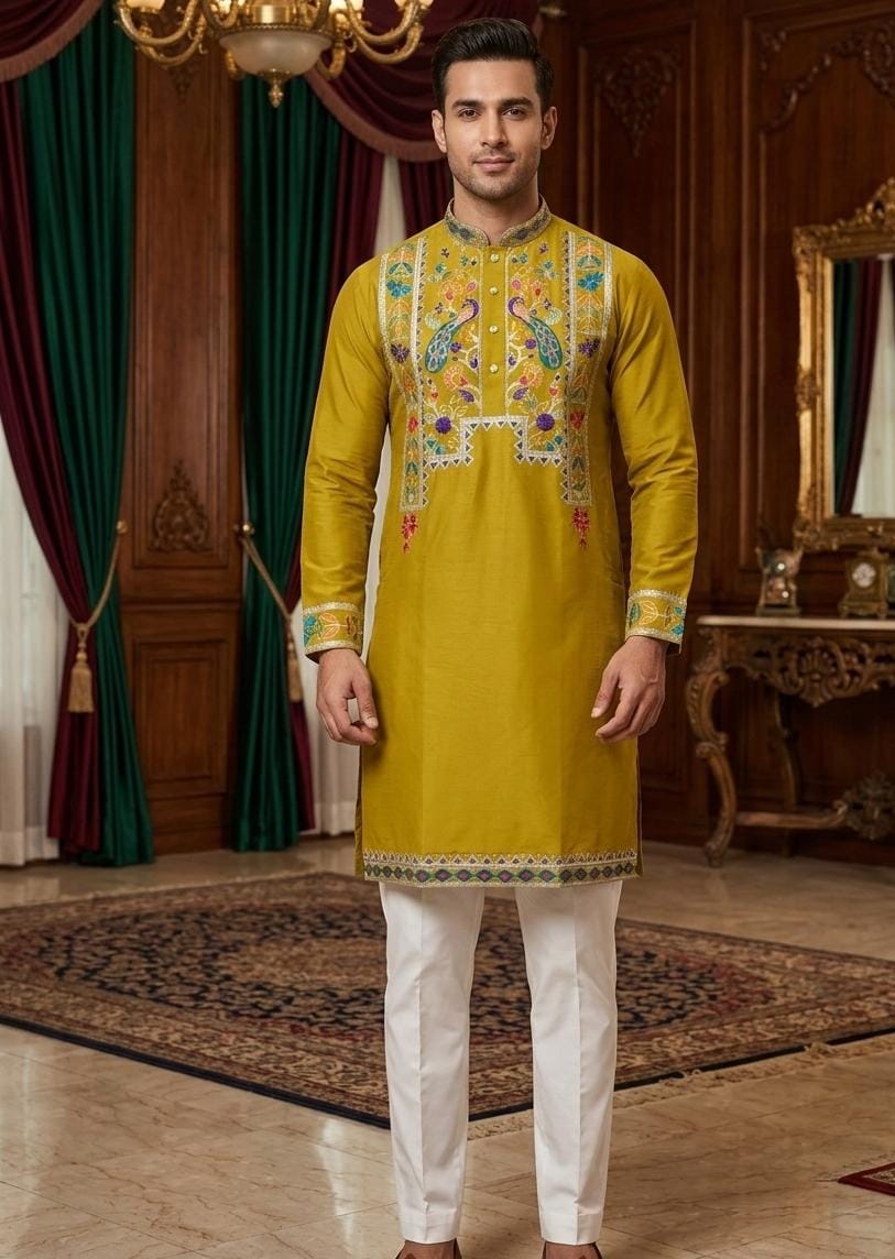 Yellow Pure Heavy Royal Classic Silk Embroidery Sequins Work Kurta Pajama 