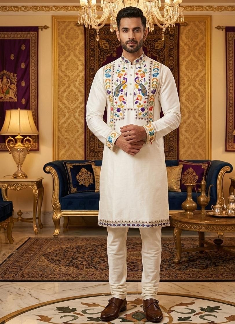 Cream Pure Heavy Royal Classic Silk Embroidery Sequins Work Kurta Pajama 