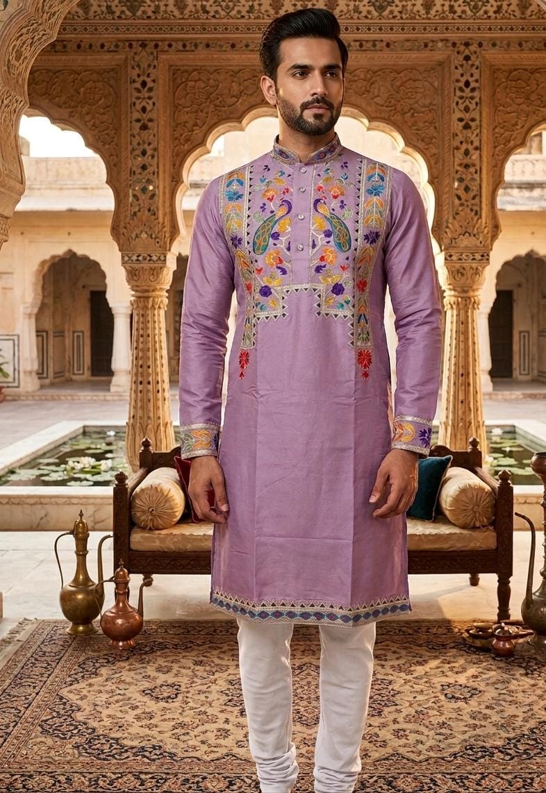 Pink Pure Heavy Royal Classic Silk Embroidery Sequins Work Kurta Pajama 