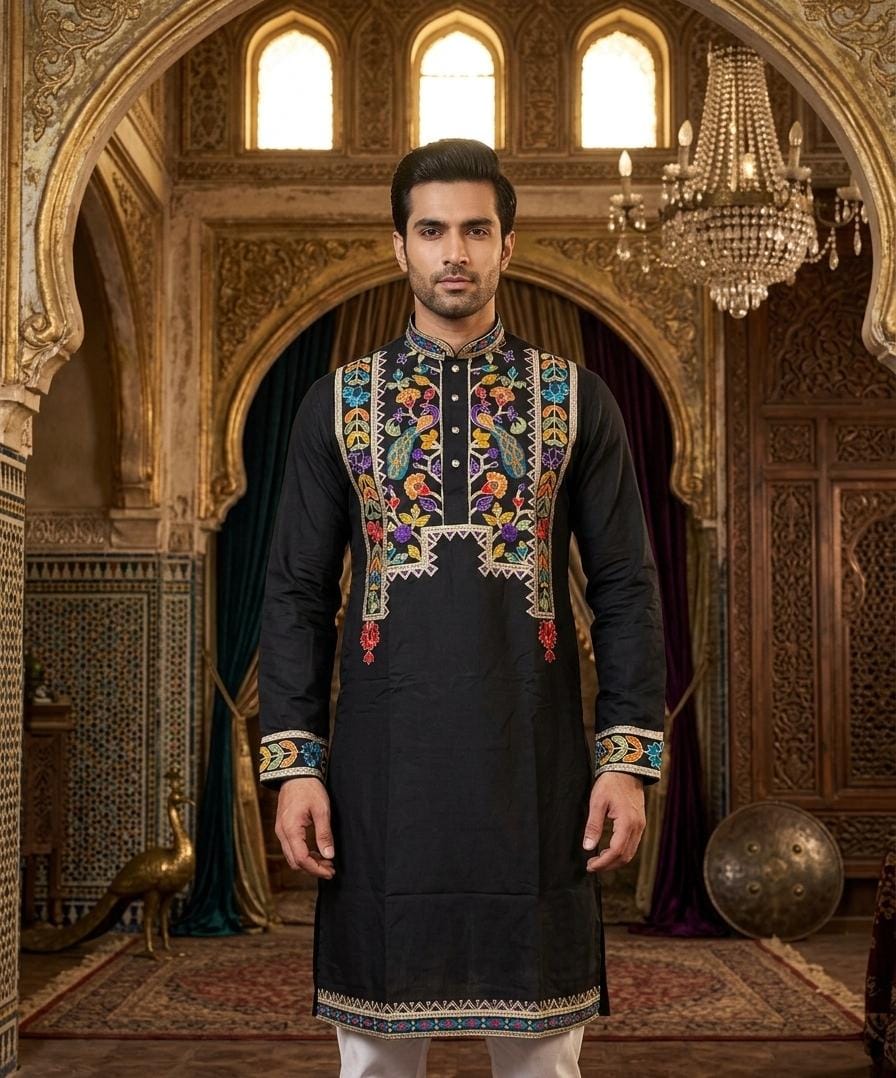 Black Pure Heavy Royal Classic Silk Embroidery Sequins Work Kurta Pajama 