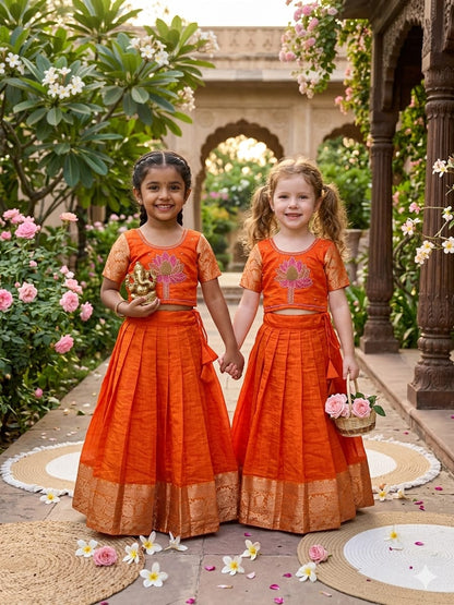 Orange Pure Kota Cheks Maggam Work Kids Gown 