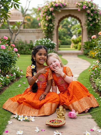 Orange Pure Kota Cheks Maggam Work Kids Gown 